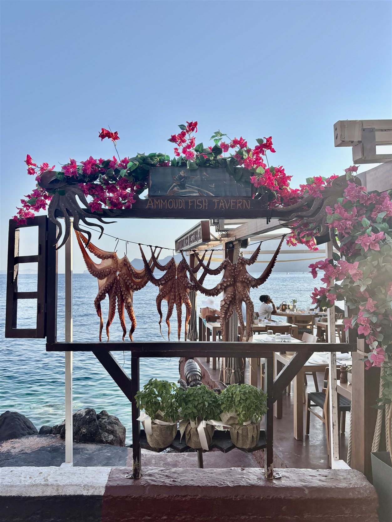 Ammoudi Fish Tavern met gedroogde octopus, Amoudi Bay