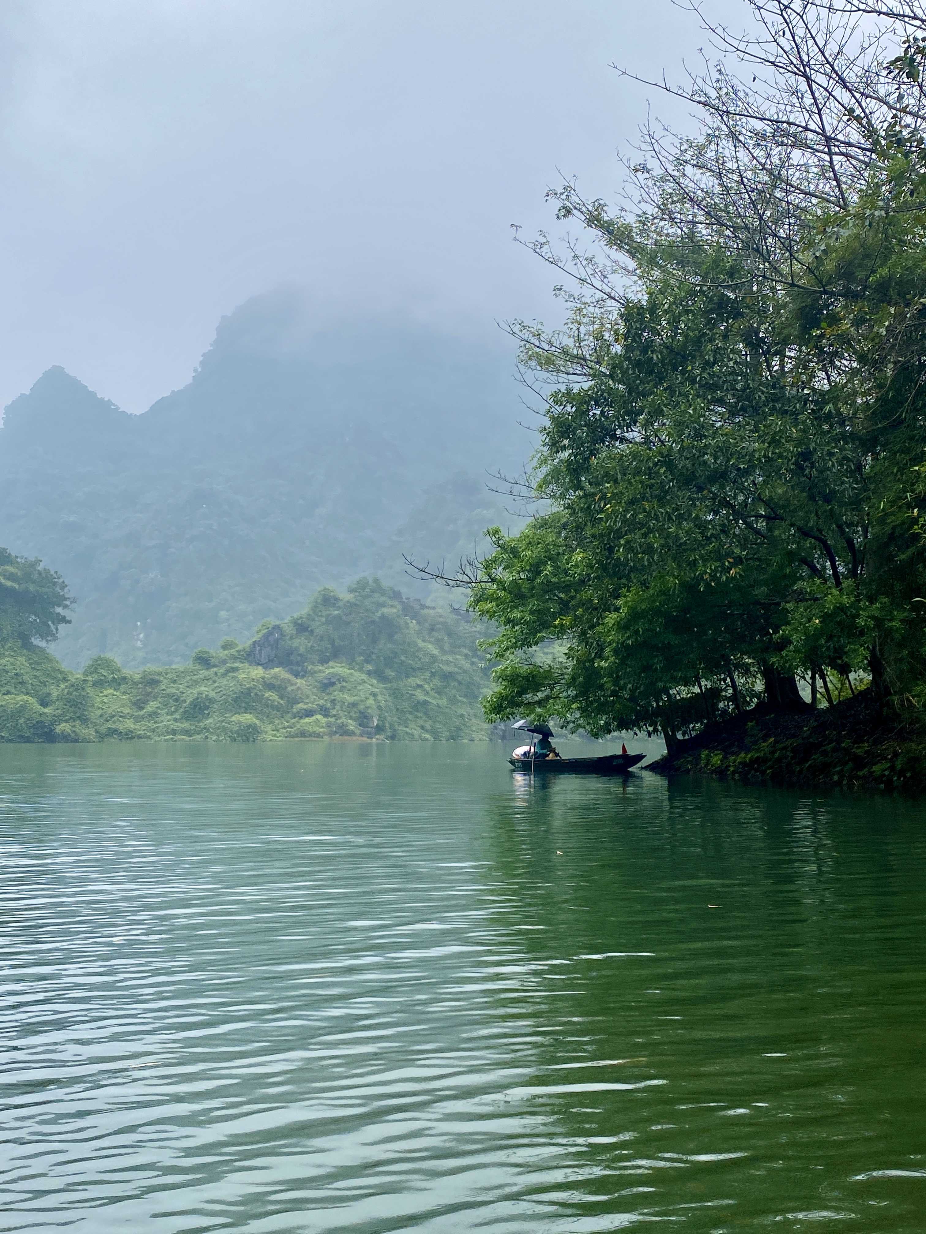 Roeiboot met parasol op de rivier bij Ninh Binh